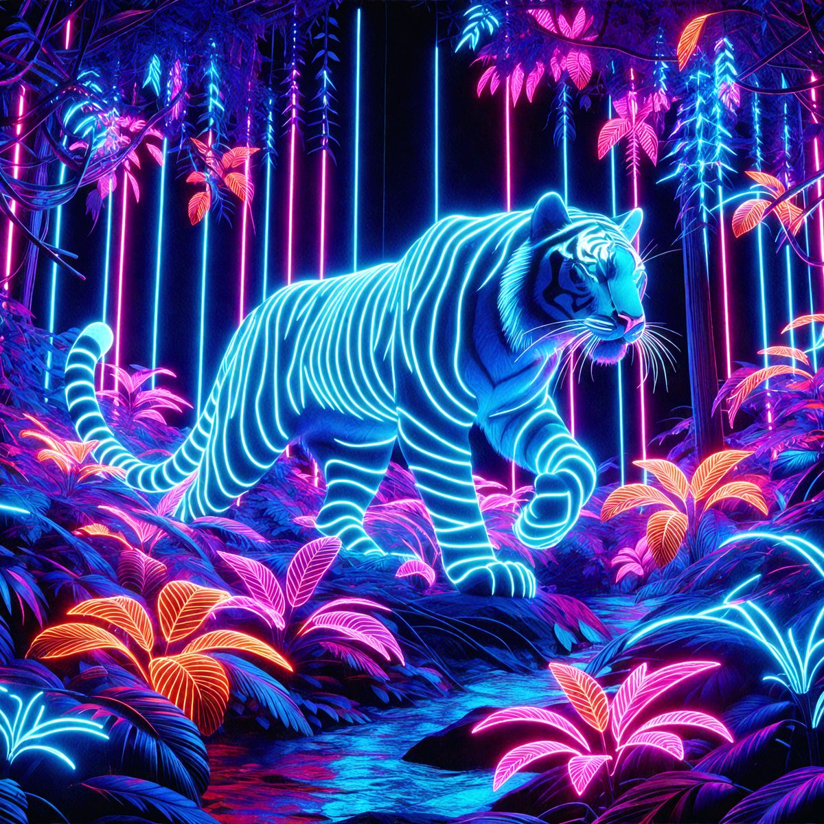 The primary subject of the image is a neon-colored tiger walking through a forest. The setting is a lush, colorful forest with trees and plants. The visual style is a digital art or illustration, creating a vibrant and captivating scene. The dominant colors are neon shades, such as blue, green, and purple, which contribute to the overall mood of the image, which is energetic and vivid.